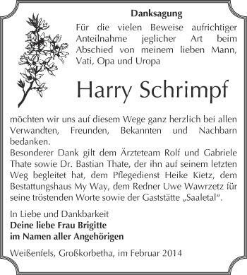 Traueranzeige von Harry Schrimpf von WVG - Wochenspiegel NMB / WSF / ZTZ