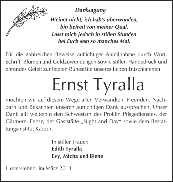 Traueranzeige von Ernst Tyralla von Mitteldeutsche Zeitung Halle/Saalkreis