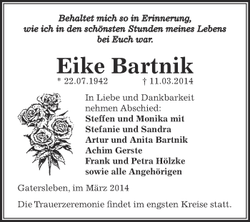 Traueranzeige von Eike Bartnik von WVG - Wochenspiegel Aschersleben