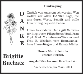 Traueranzeige von Brigitte Ruchatz von Super Sonntag Aschersleben