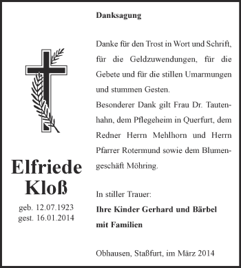 Traueranzeige von Elfriede Kloß von WVG - Wochenspiegel NMB / WSF / ZTZ