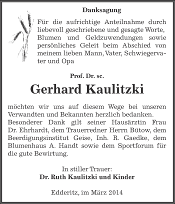 Traueranzeige von Gerhard Kaulitzki von WVG - Wochenspiegel Dessau / Köthen