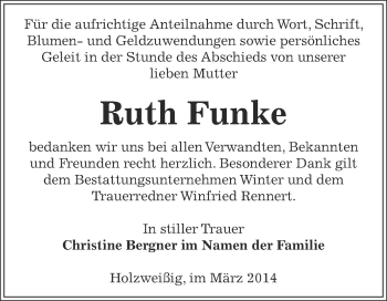 Traueranzeige von Ruth Funke von WVG - Wochenspiegel Bitterfeld