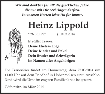 Traueranzeige von Heinz Lippold von WVG - Wochenspiegel Merseburg