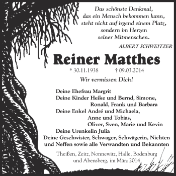 Traueranzeige von Reiner Matthes von Super Sonntag Zeitz