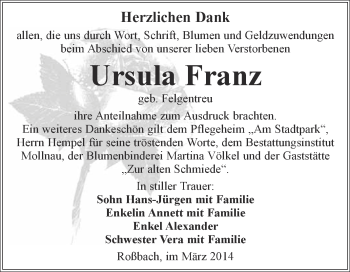 Traueranzeige von Ursula Franz von WVG - Wochenspiegel Merseburg