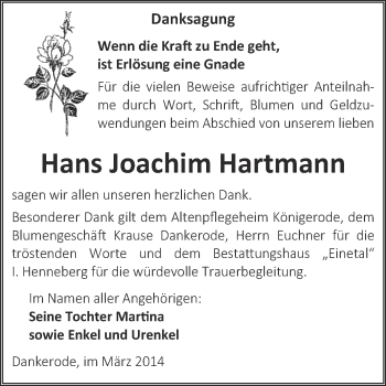 Traueranzeige von Hans Joachim Hartmann von Super Sonntag Quedlinburg