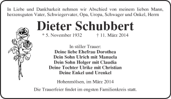 Traueranzeige von Dieter Schubbert von WVG - Wochenspiegel NMB / WSF / ZTZ