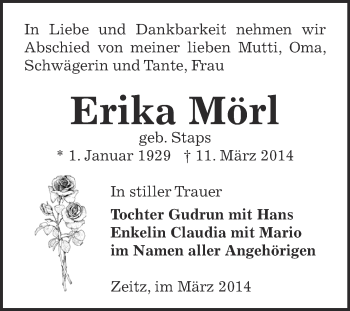 Traueranzeige von Erika Mörl von Super Sonntag Zeitz