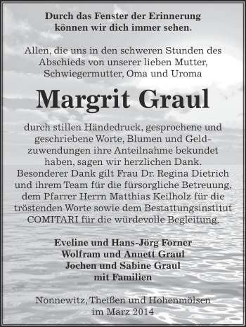 Traueranzeige von Margrit Graul von Super Sonntag Zeitz
