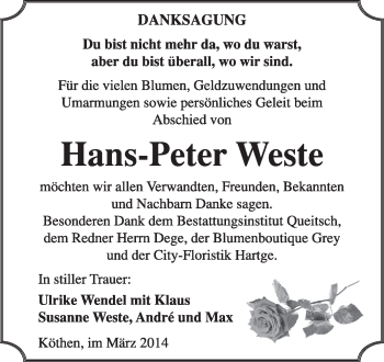 Traueranzeige von Hans-Peter Weste von Super Sonntag Dessau / Köthen