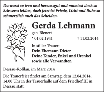 Traueranzeige von Gerda Lehmann von Super Sonntag Dessau / Köthen