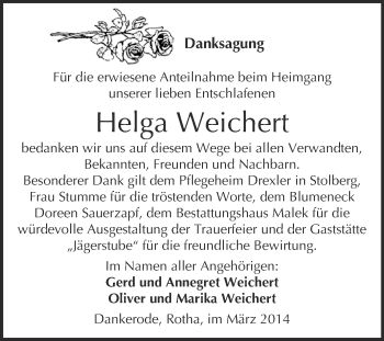 Traueranzeige von Helga Weichert von WVG - Wochenspiegel Quedlinburg