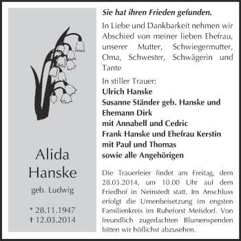 Traueranzeige von Alida Hanske von WVG - Wochenspiegel Quedlinburg