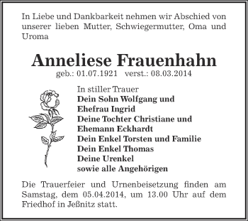 Traueranzeige von Anneliese Frauenhahn von WVG - Wochenspiegel Bitterfeld