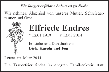 Traueranzeige von Elfriede Endres von WVG - Wochenspiegel Merseburg