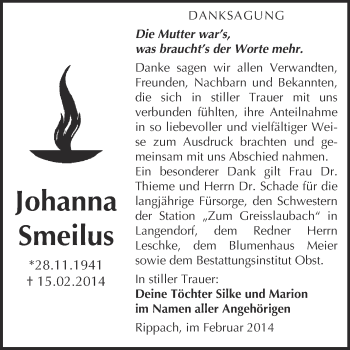 Traueranzeige von Johanna Smeilus von Super Sonntag Merseburg