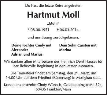 Traueranzeige von Hartmut Moll von Super Sonntag Dessau / Köthen