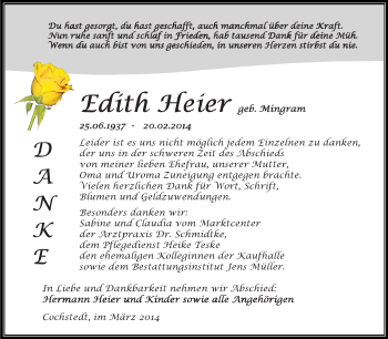Traueranzeige von Edith Heier von Super Sonntag Aschersleben