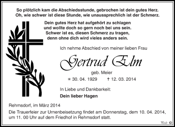 Traueranzeige von Gertrud Elm von Super Sonntag Zeitz