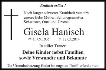 Traueranzeige von Gisela Hanisch von WVG - Wochenspiegel Dessau / Köthen
