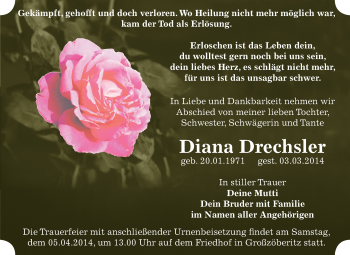 Traueranzeige von Diana Drechsler von WVG - Wochenspiegel Bitterfeld