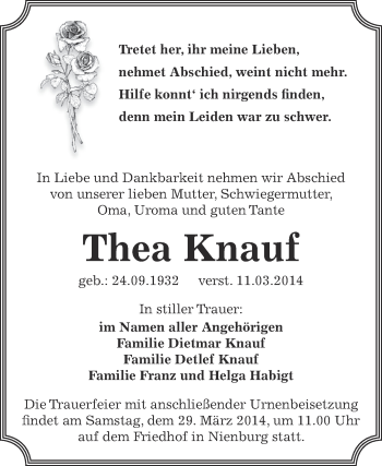 Traueranzeige von Thea Knauf von Super Sonntag Bernburg