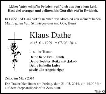 Traueranzeige von Klaus Dathe von Super Sonntag Zeitz