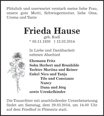 Traueranzeige von Frieda Hause von Super Sonntag Bernburg