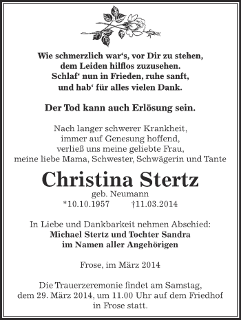 Traueranzeige von Christina Stertz von WVG - Wochenspiegel Aschersleben