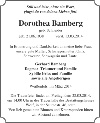 Traueranzeige von Dorothea Bamberg von WVG - Wochenspiegel NMB / WSF / ZTZ