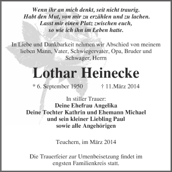 Traueranzeige von Lothar Heinecke von WVG - Wochenspiegel NMB / WSF / ZTZ