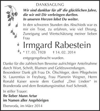 Traueranzeige von Irmgard Rabestein von WVG - Wochenspiegel NMB / WSF / ZTZ