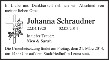 Traueranzeige von Johanna Schraudner von WVG - Wochenspiegel Merseburg