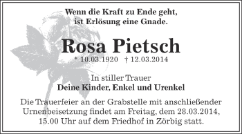 Traueranzeige von Rosa Pietsch von WVG - Wochenspiegel Bitterfeld