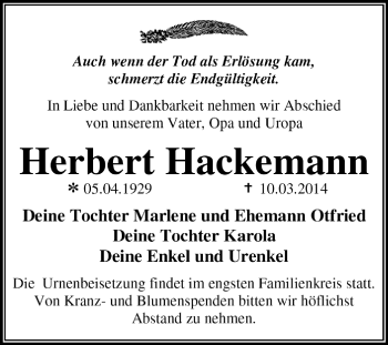 Traueranzeige von Herbert Hackemann von Super Sonntag Dessau / Köthen