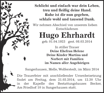 Traueranzeige von Hugo Ehrhardt von Super Sonntag SGH Mansf. Land