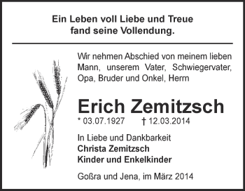 Traueranzeige von Erich Zemitzsch von Super Sonntag Zeitz