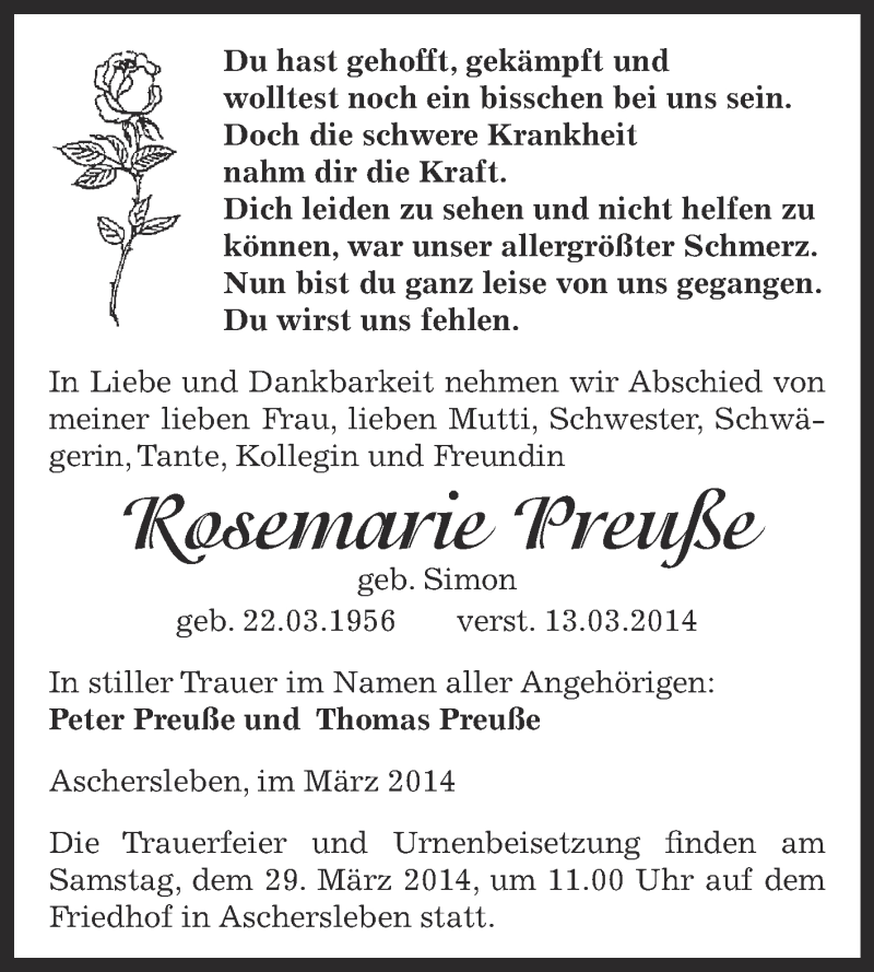  Traueranzeige für Rosemarie Preuße vom 19.03.2014 aus WVG - Wochenspiegel Aschersleben