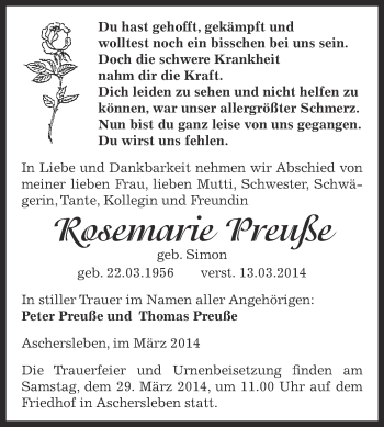 Traueranzeige von Rosemarie Preuße von WVG - Wochenspiegel Aschersleben