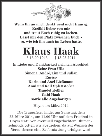 Traueranzeige von Klaus Haak von Super Sonntag Aschersleben