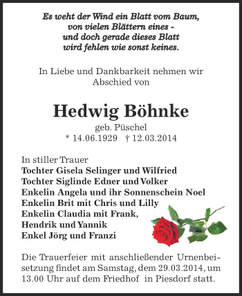 Traueranzeige von Hedwig Böhnke von Super Sonntag Bernburg