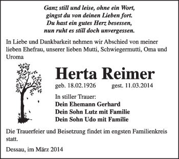 Traueranzeige von Herta Reimer von Super Sonntag Dessau / Köthen