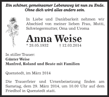 Traueranzeige von Anna Weise von WVG - Wochenspiegel Aschersleben