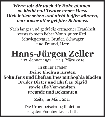 Traueranzeige von Hans-Jürgen Zeller von Super Sonntag Zeitz