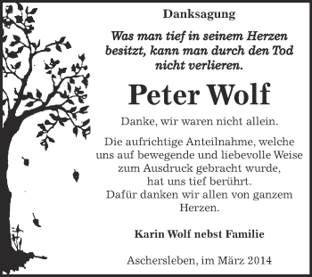 Traueranzeige von Peter Wolf von WVG - Wochenspiegel Aschersleben