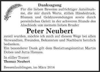 Traueranzeige von Peter Neubert von Super Sonntag Bernburg