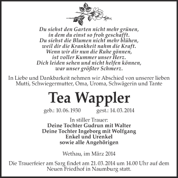 Traueranzeige von Tea Wappler von WVG - Wochenspiegel NMB / WSF / ZTZ