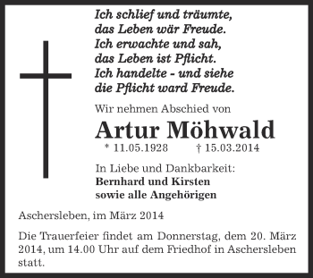 Traueranzeige von Artur Möhwald von WVG - Wochenspiegel Aschersleben