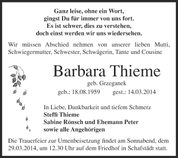 Traueranzeige von Barbara Thieme von Super Sonntag Merseburg